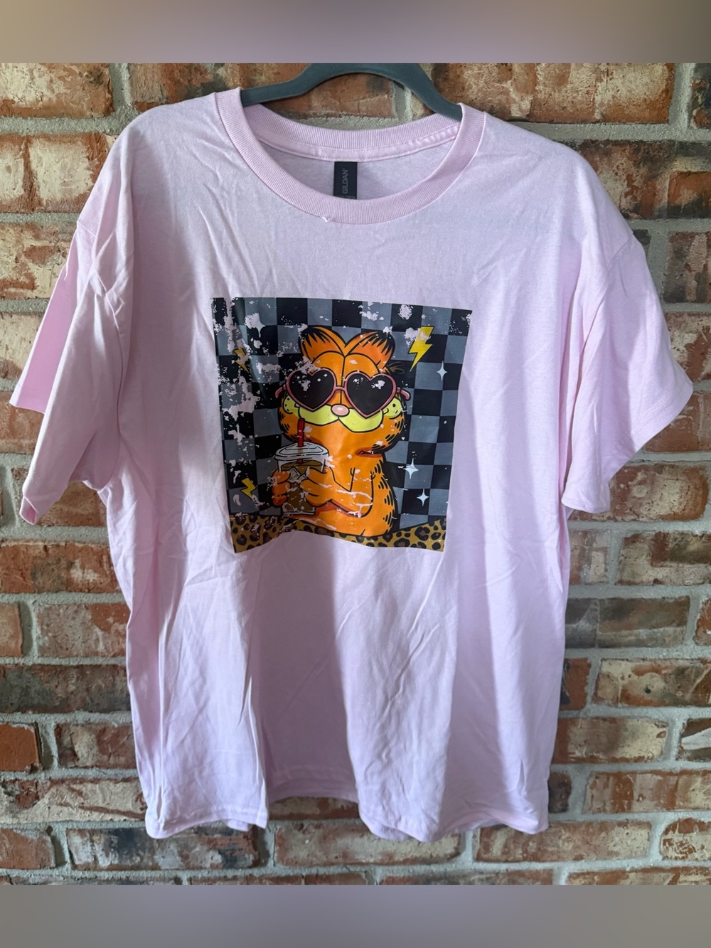 Gildan Light Pink Short Sleeve Tee with Orange Cartoon Cat Graphic